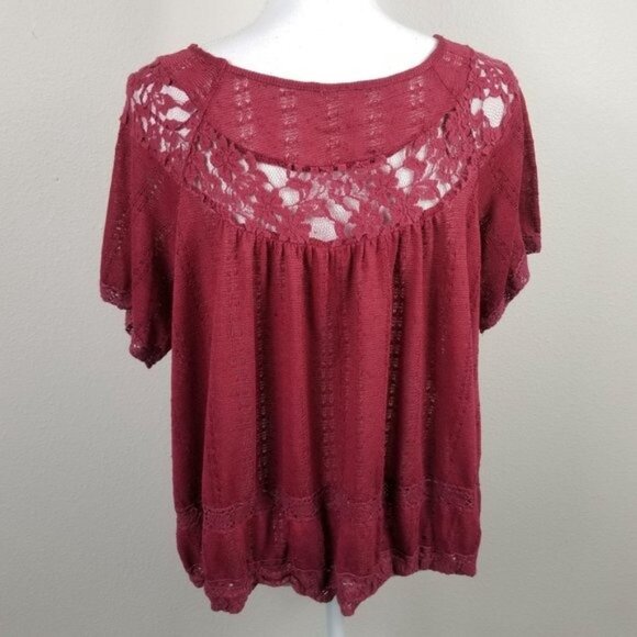 Free People Burgundy Lace Yoke Short Sleeve Crochet Knit Top Womens Size S - Picture 4 of 7